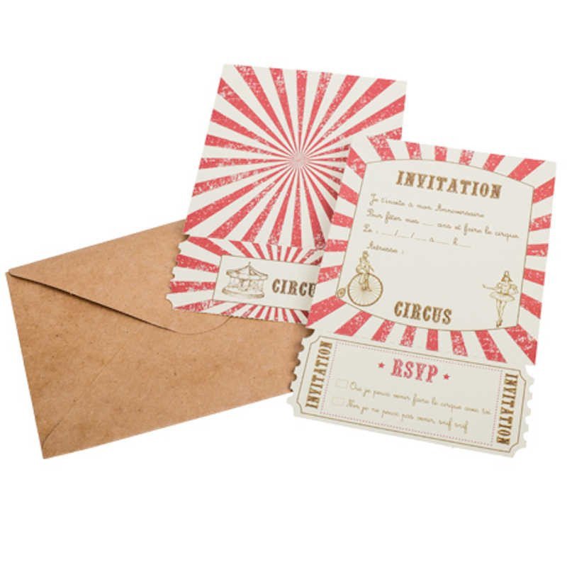 Invitations "Circus" à rayures rouges et blanches + enveloppes Invitations "Circus" à rayures rouges et blanches + enveloppes