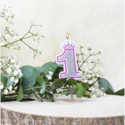 Bougie chiffre princesse rose & paillettes argent