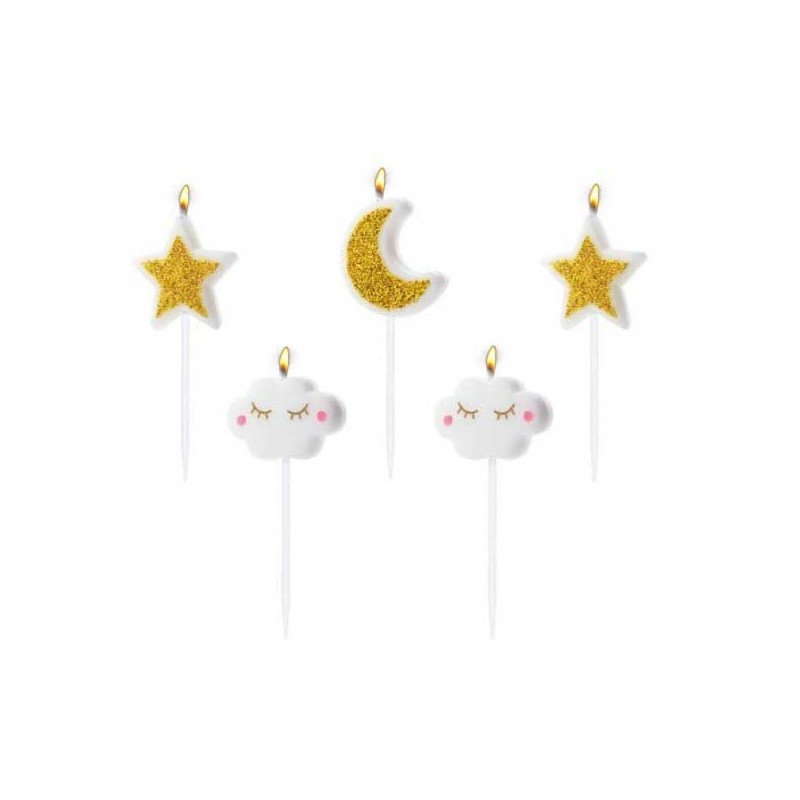 Bougies Etoiles dorées, Lunes dorées et Nuages blancs (x5)