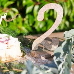 Marque table chiffre paillette champagne sur socle 2 décor champêtre
