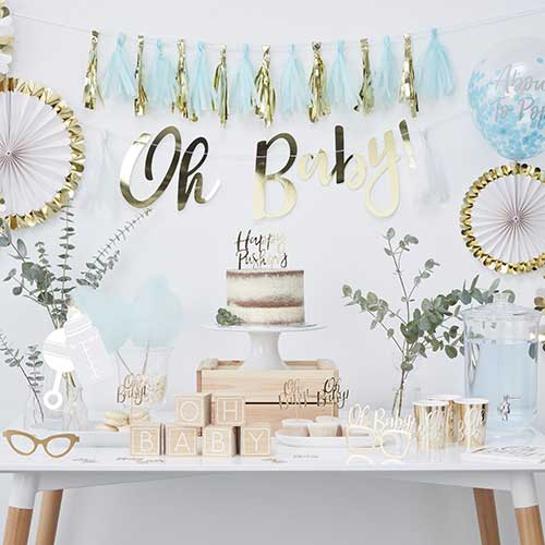 01 gender reveal ou bapteme bleu et dorée