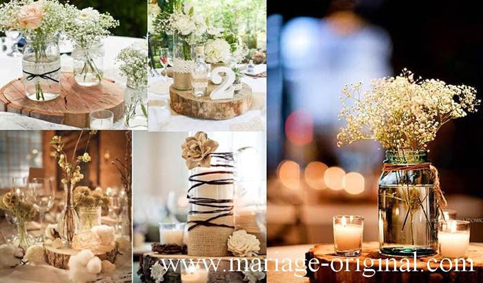 Decor mariage champetre, centre table mariage champetre, rondins en bois, accessoire en jute
